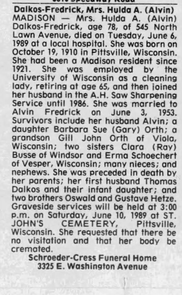 Obituary for Hulda A. Dalkos-Fredrick, 1910-1989 (Aged 78)